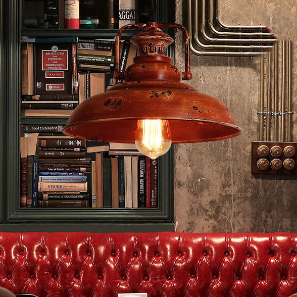 Retro Red Rust Dome Pendant Light - Vintage Industrial Hanging Fixture, 1-Light Ceiling Lamp, Home Decor Lighting