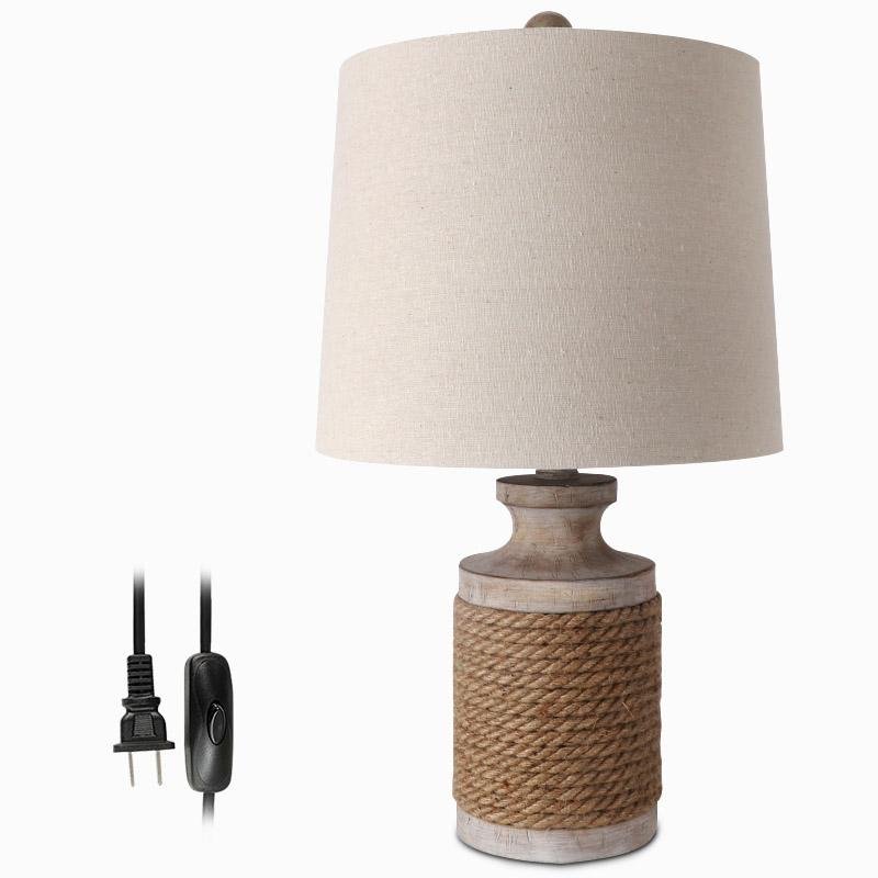 Rustic Oatmeal Fabric Shade Rope Stone Table Lamp - Farmhouse Lighting for Cozy Decor