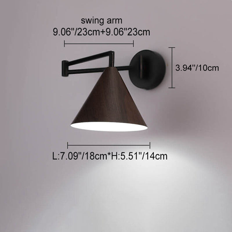Contemporary Nordic Cone Swing Arm Wall Sconce - Wood Grain Iron 1-Light Lamp for Bedroom