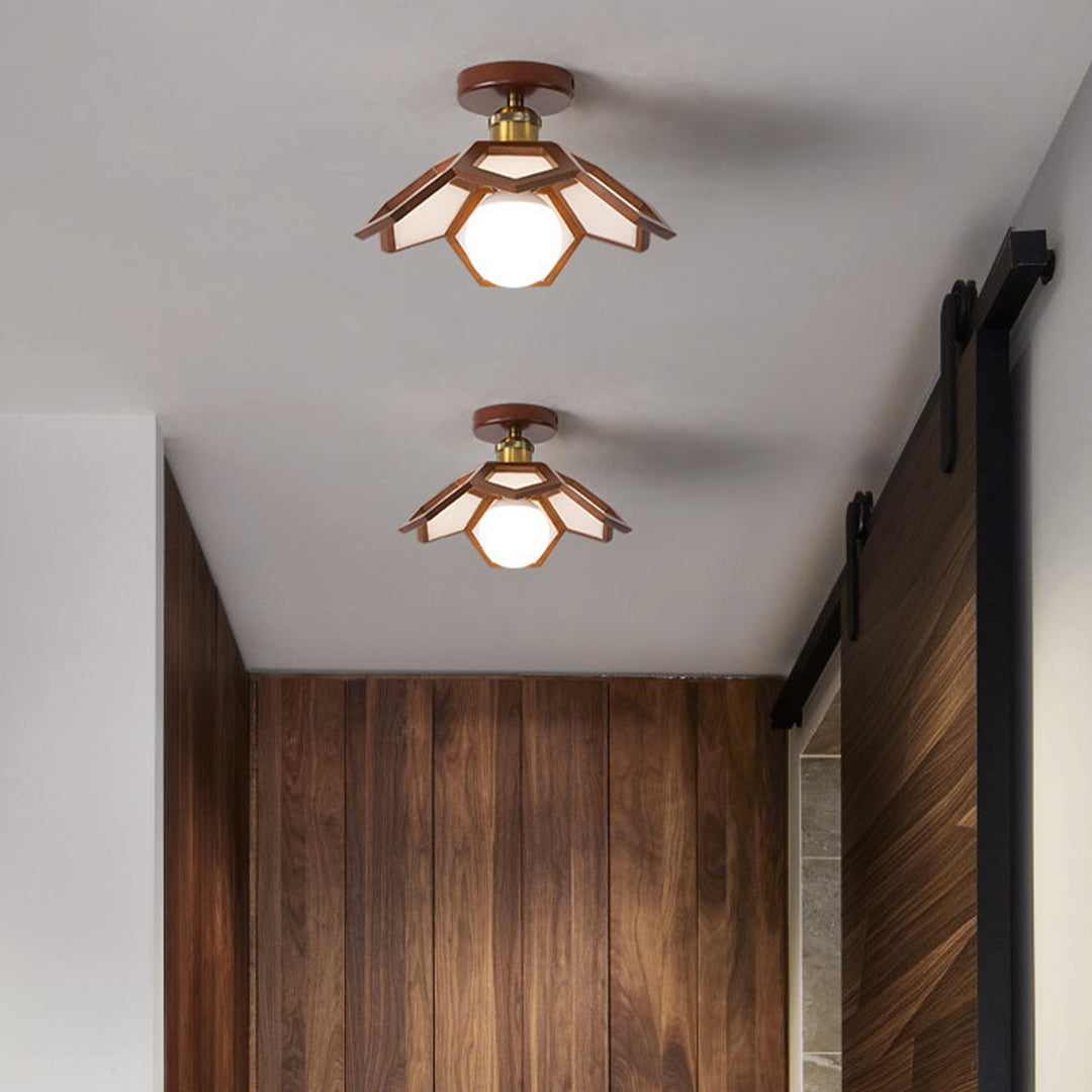 Wood Semi Flush Mount Light - Modern Minimalist Lotus Design Ceiling Fixture