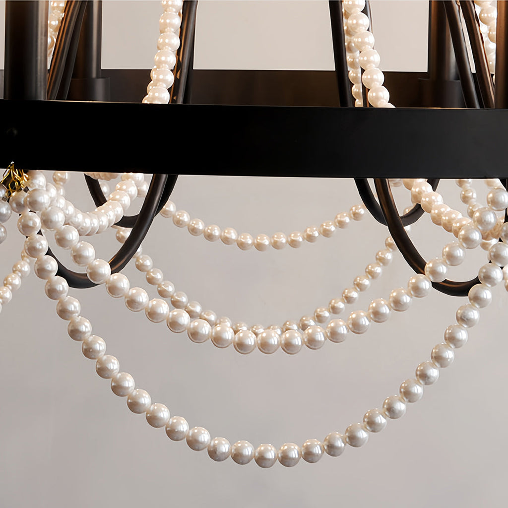 Vintage Wrought Iron Chandelier with Pearl Accents - French Artistic Ceiling Light