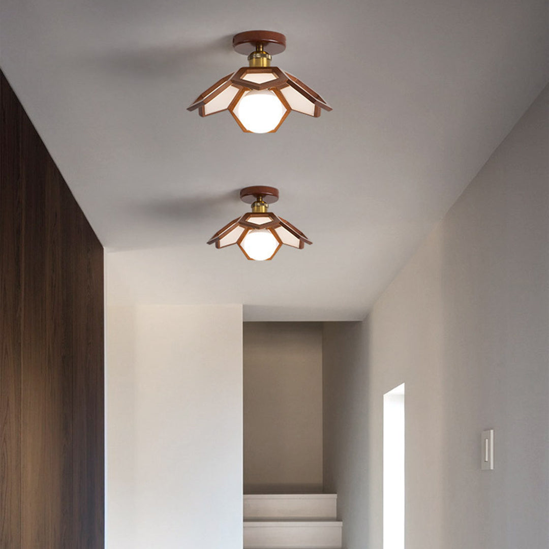 Wood Semi Flush Mount Light - Modern Minimalist Lotus Design Ceiling Fixture