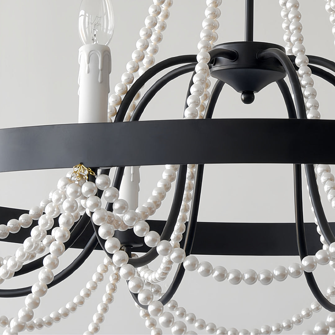 Vintage Wrought Iron Chandelier with Pearl Accents - French Artistic Ceiling Light