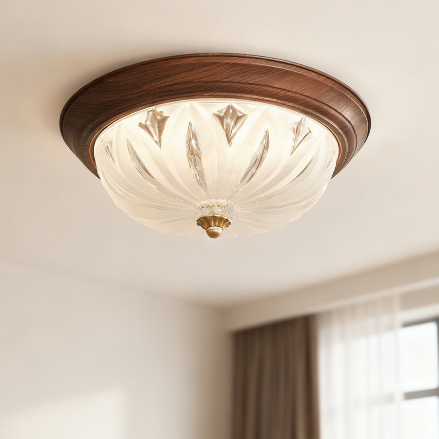 Retro Flush Mount Ceiling Light - American Walnut Glass Lamp