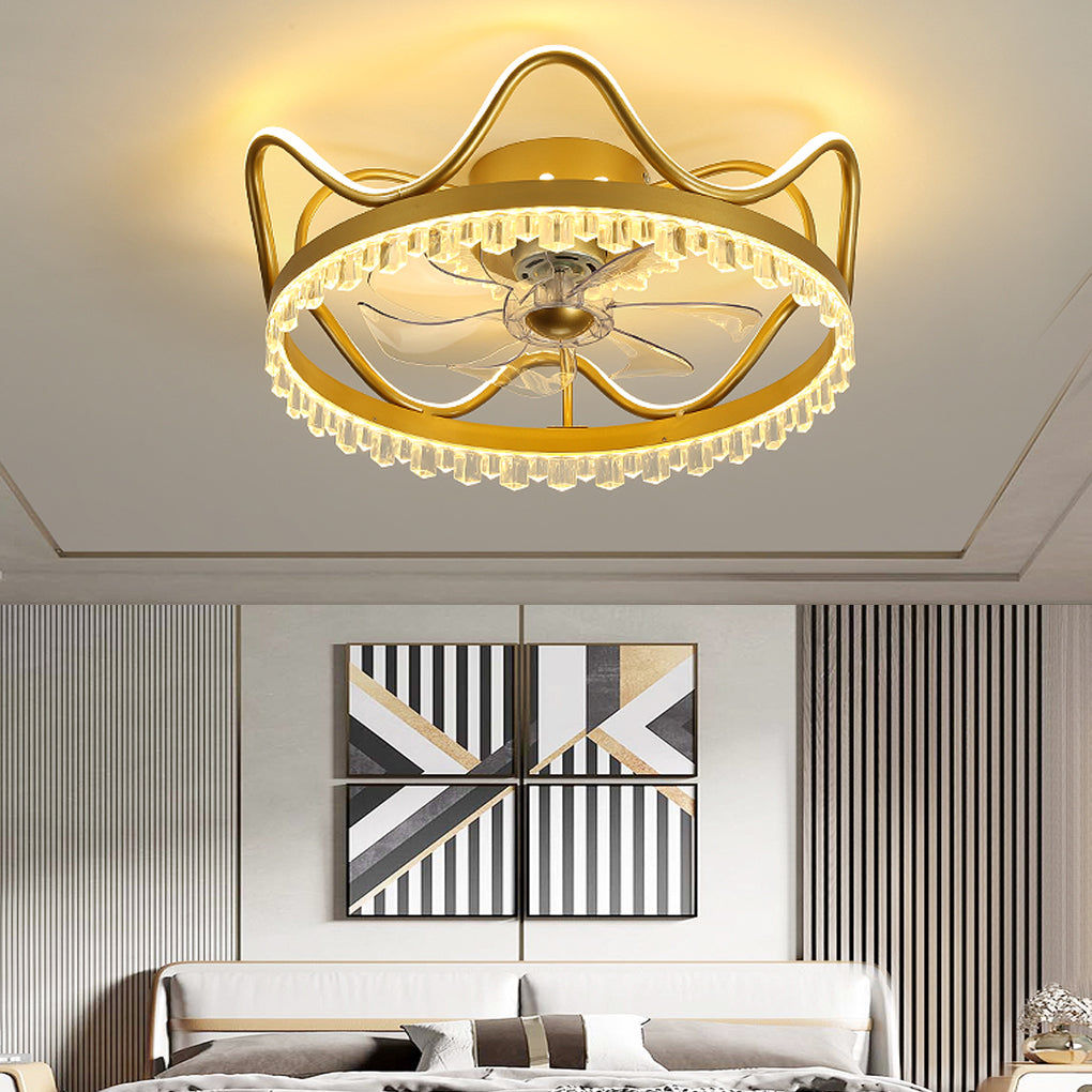 Round Retractable Ceiling Fan Lights with Remote Control - Stepless Dimming LED