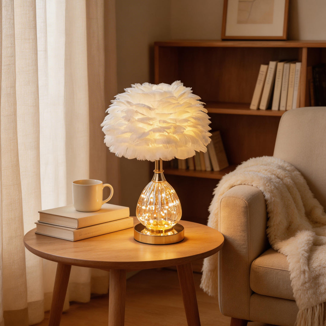 Feather Table Lamp Nordic Romantic Wedding Light

Illuminate your space with our Feather Table Lamp, designed in Nordic style to create a romantic ambiance for weddings and special occasions. This elegant lamp features soft, feathery textures that enhance