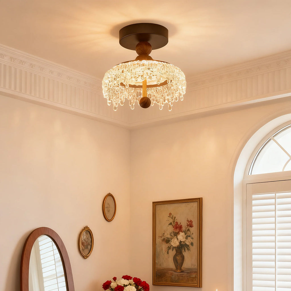 Vintage Water Drop Semi Flush Ceiling Light, Walnut Finish, Unique Design Lamppost