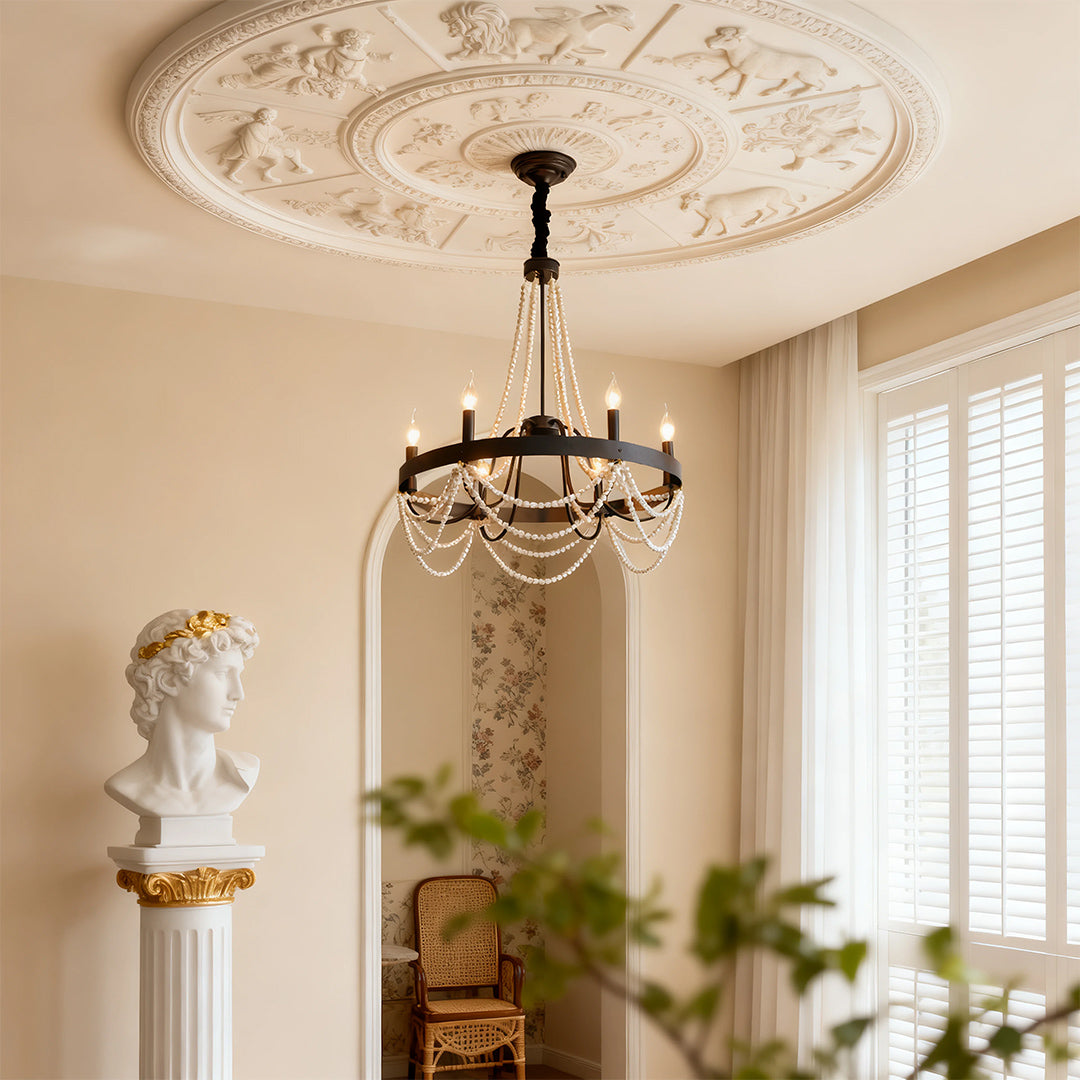 Vintage Wrought Iron Chandelier with Pearl Accents - French Artistic Ceiling Light