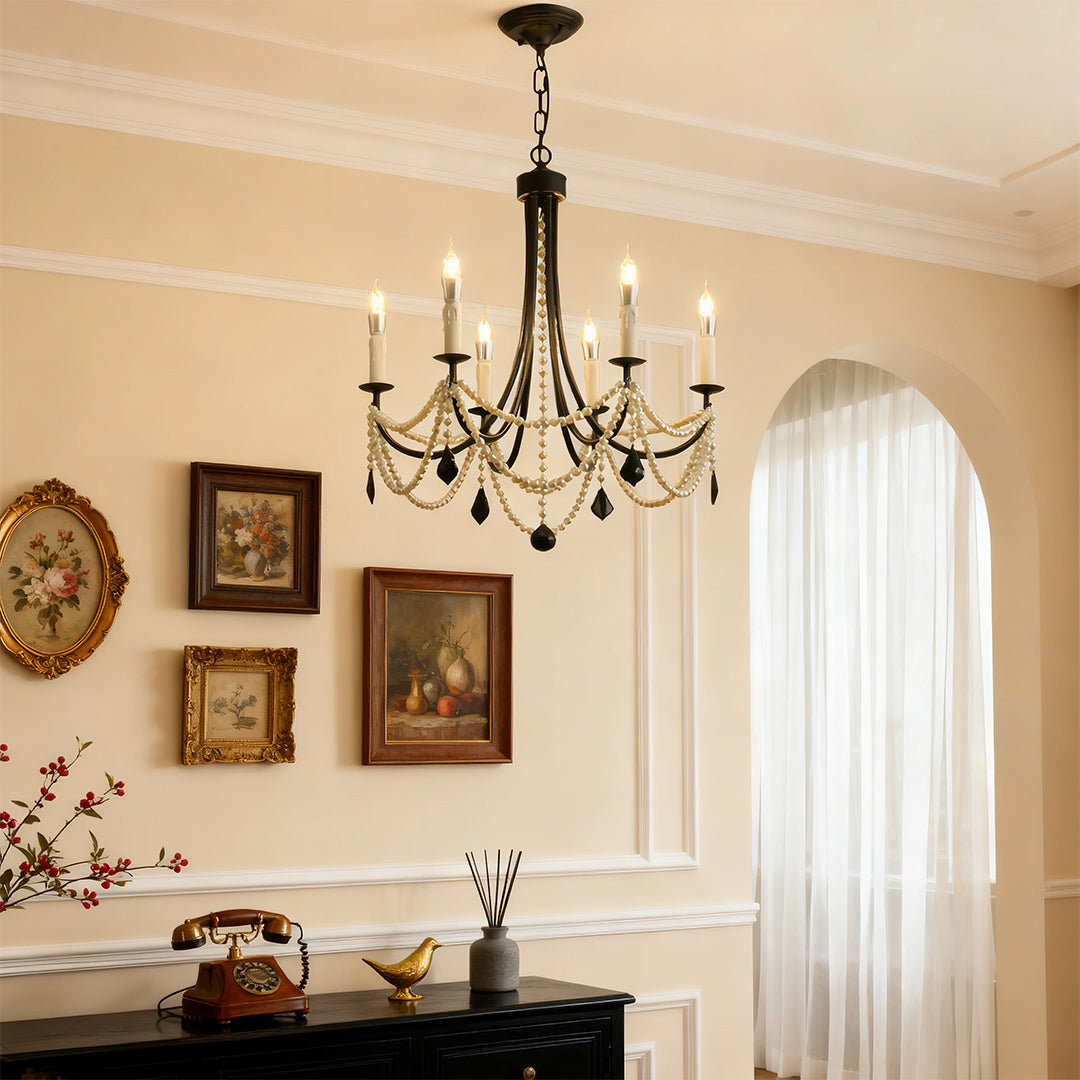 Pearl Chandelier Black Iron Crystal Ceiling Light