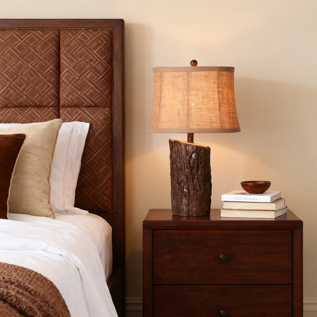 Faux Wood Table Lamp with Bark-Textured Fabric Shade - Rustic Nightstand Lighting