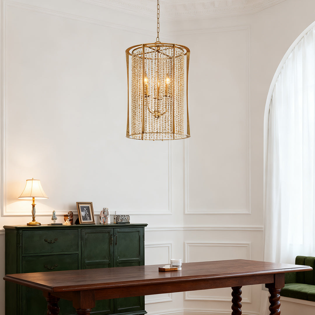 Wood Beaded Chandelier - Handcrafted Gold Ceiling Light, Elegant & Stylish Home Decor