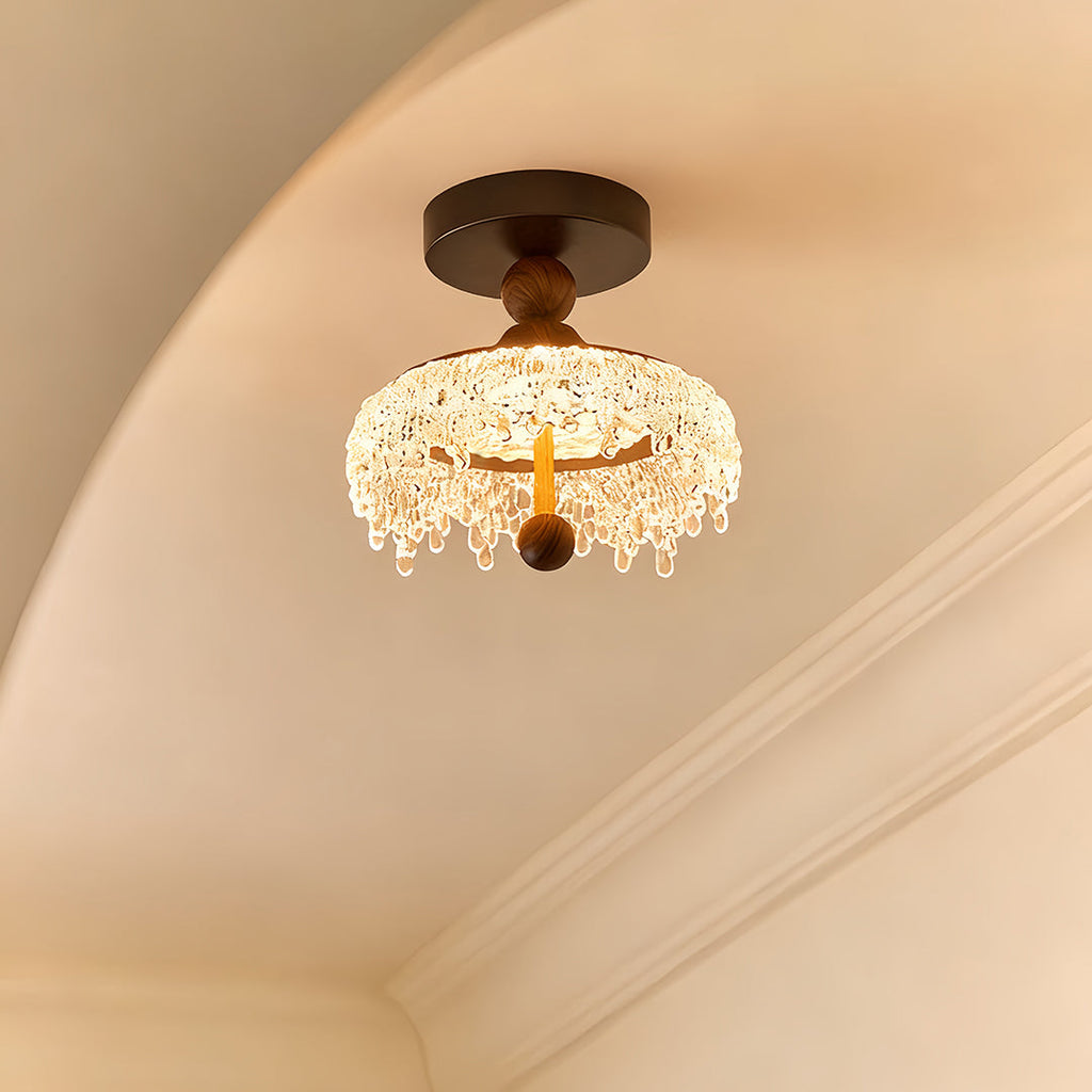 Vintage Water Drop Semi Flush Ceiling Light, Walnut Finish, Unique Design Lamppost