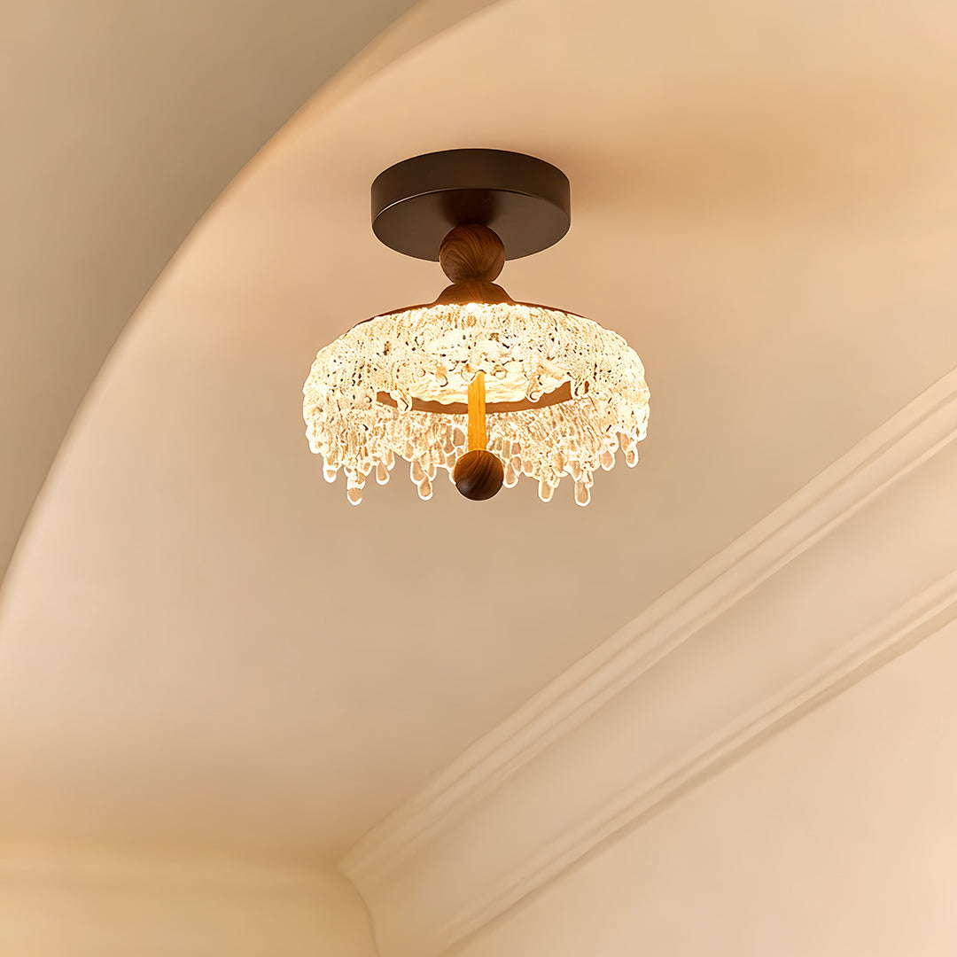 Vintage Water Drop Semi Flush Ceiling Light, Walnut Finish, Unique Design Lamppost