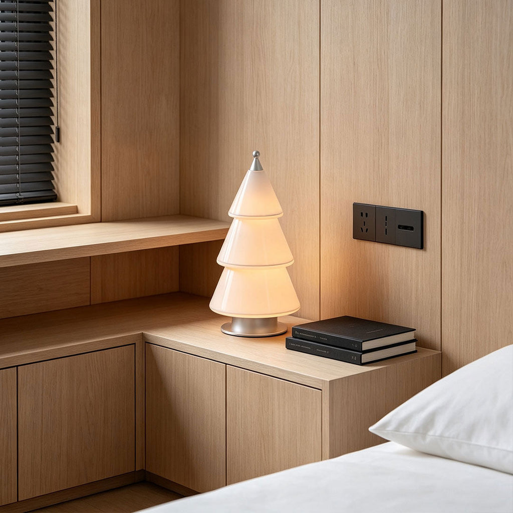 White Contemporary Cedar Christmas Tree Table Lamp - Modern Holiday Decor Lighting
