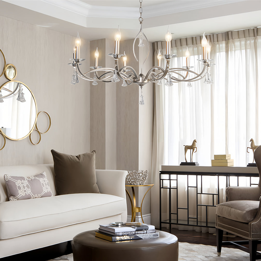 Candle Stick Chandelier Silver Finish Crystal Ceiling Light