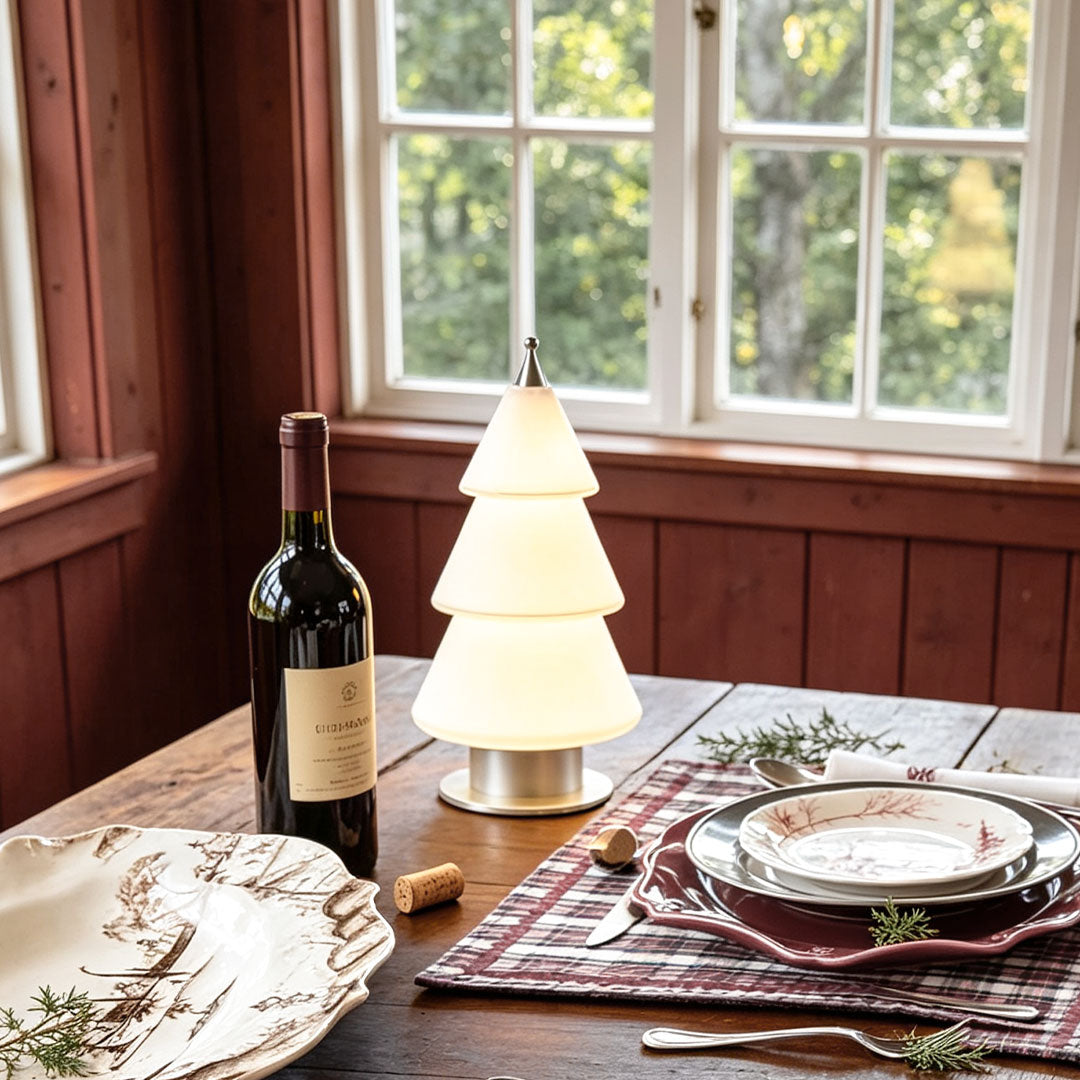 White Contemporary Cedar Christmas Tree Table Lamp - Modern Holiday Decor Lighting