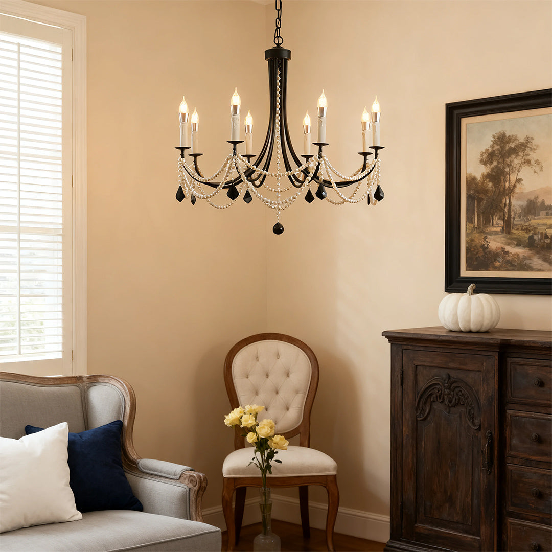 Pearl Chandelier Black Iron Crystal Ceiling Light