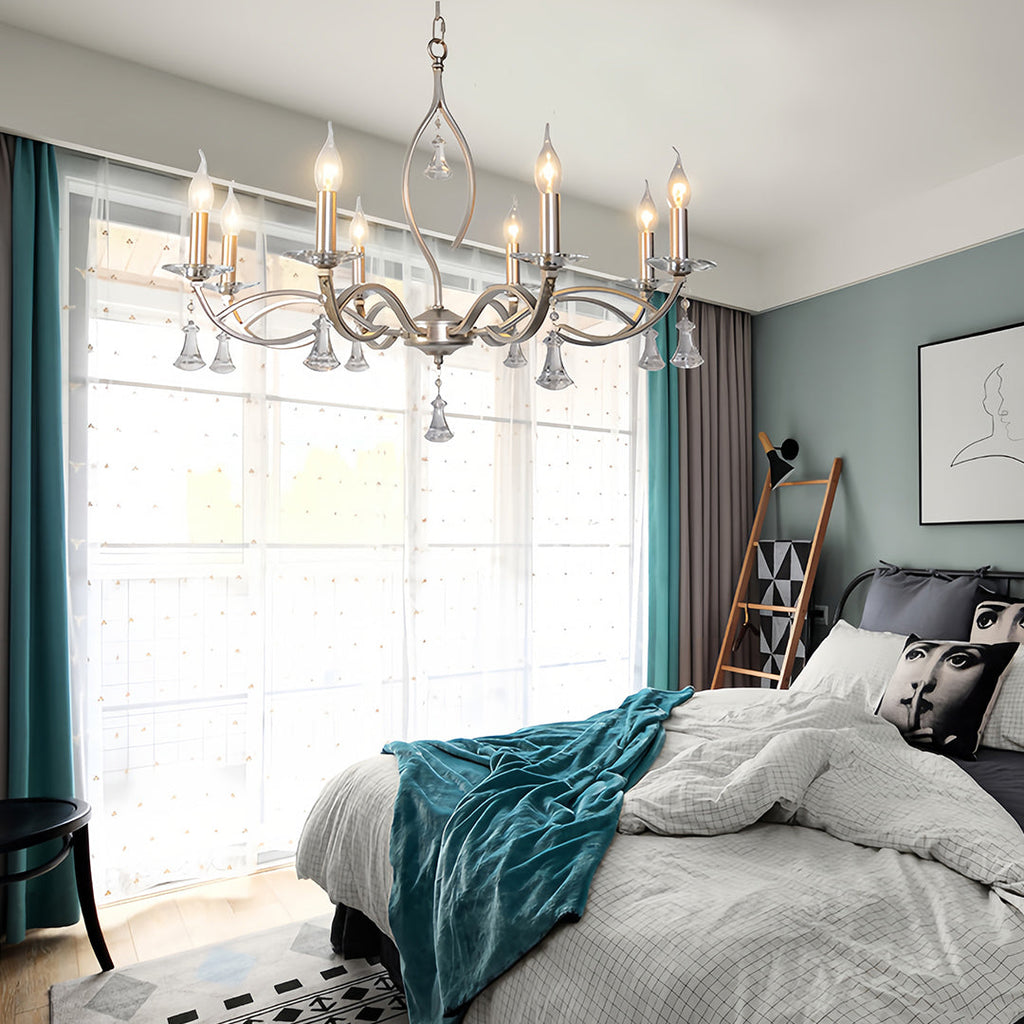 Candle Stick Chandelier Silver Finish Crystal Ceiling Light