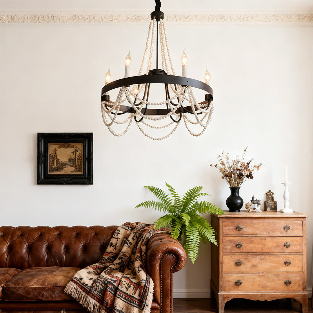Vintage Wrought Iron Chandelier with Pearl Accents - French Artistic Ceiling Light