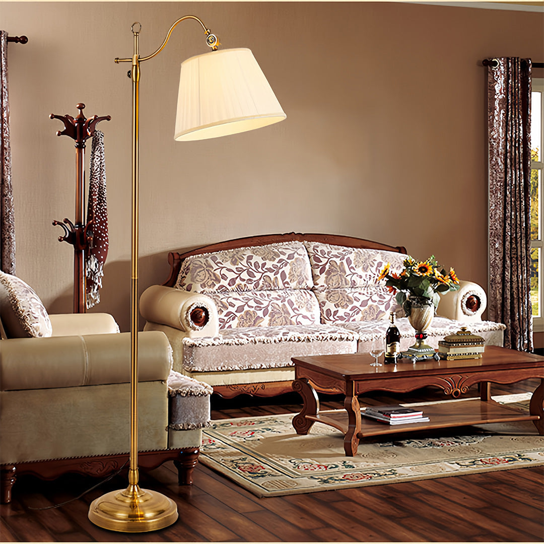 Vintage Copper Floor Lamp Adjustable Arch with Fabric Shade