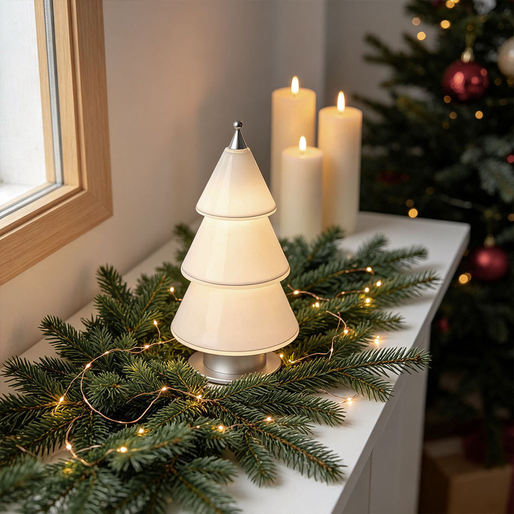 White Contemporary Cedar Christmas Tree Table Lamp - Modern Holiday Decor Lighting