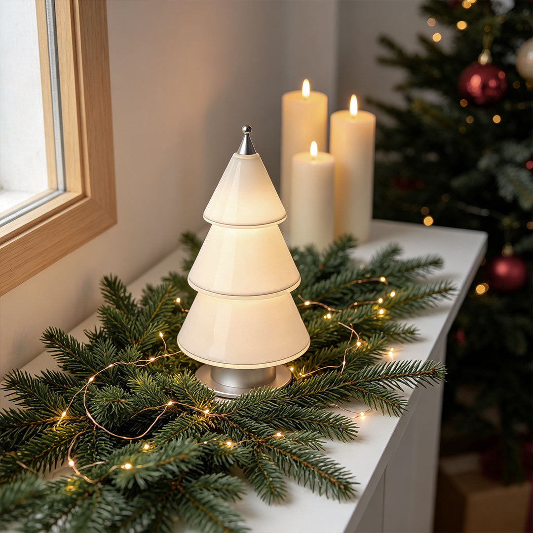 White Contemporary Cedar Christmas Tree Table Lamp - Modern Holiday Decor Lighting