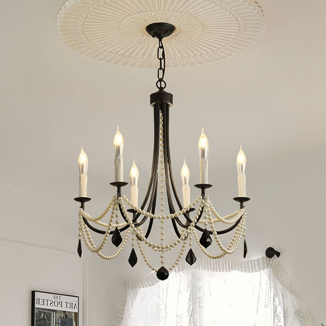 Pearl Chandelier Black Iron Crystal Ceiling Light