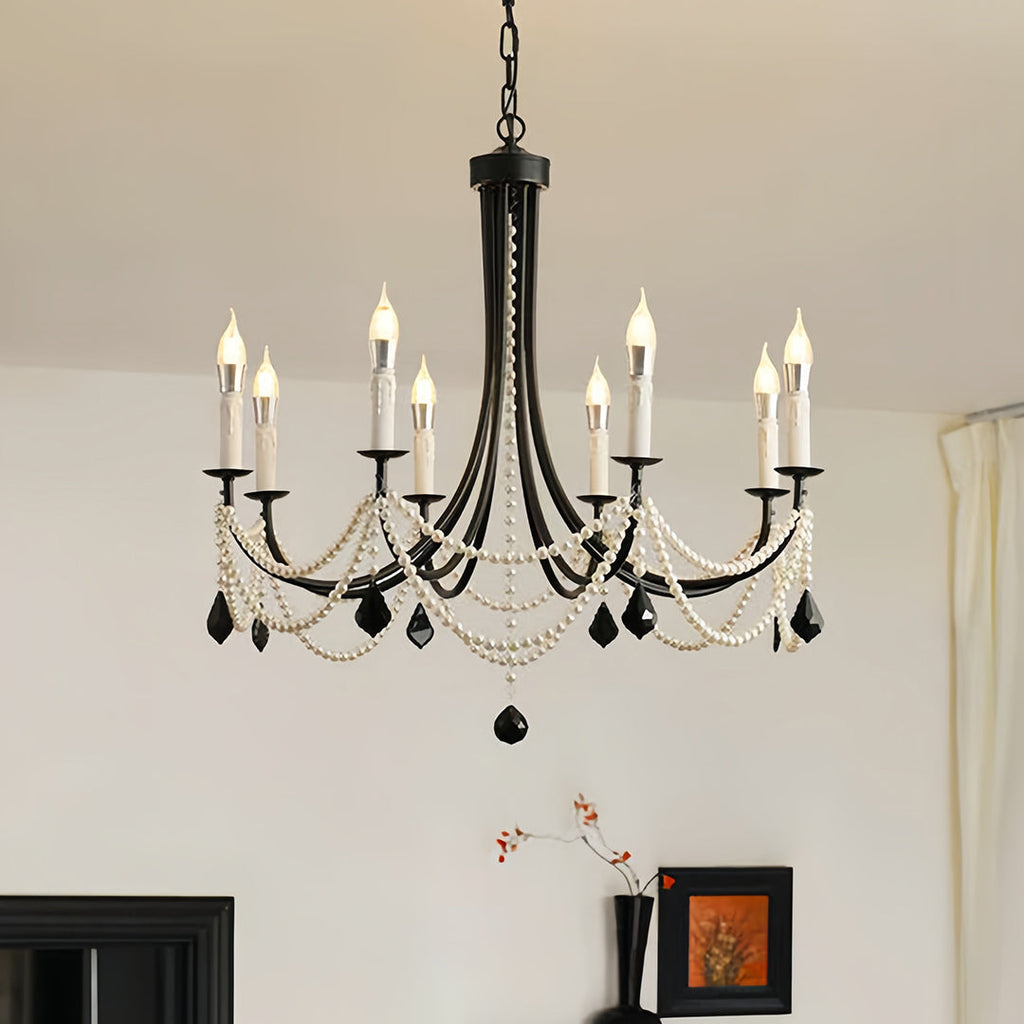 Pearl Chandelier Black Iron Crystal Ceiling Light