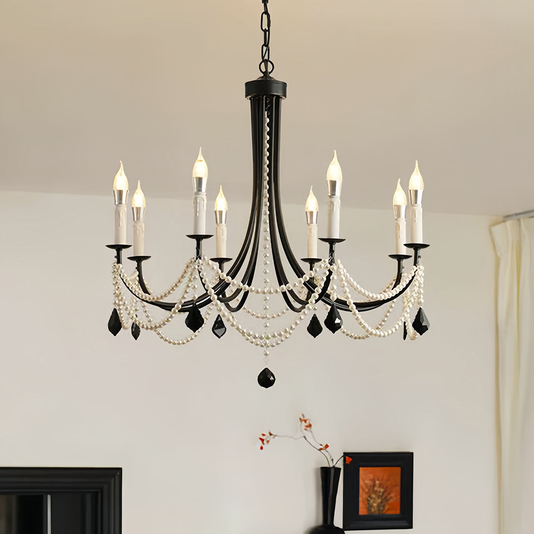 Pearl Chandelier Black Iron Crystal Ceiling Light