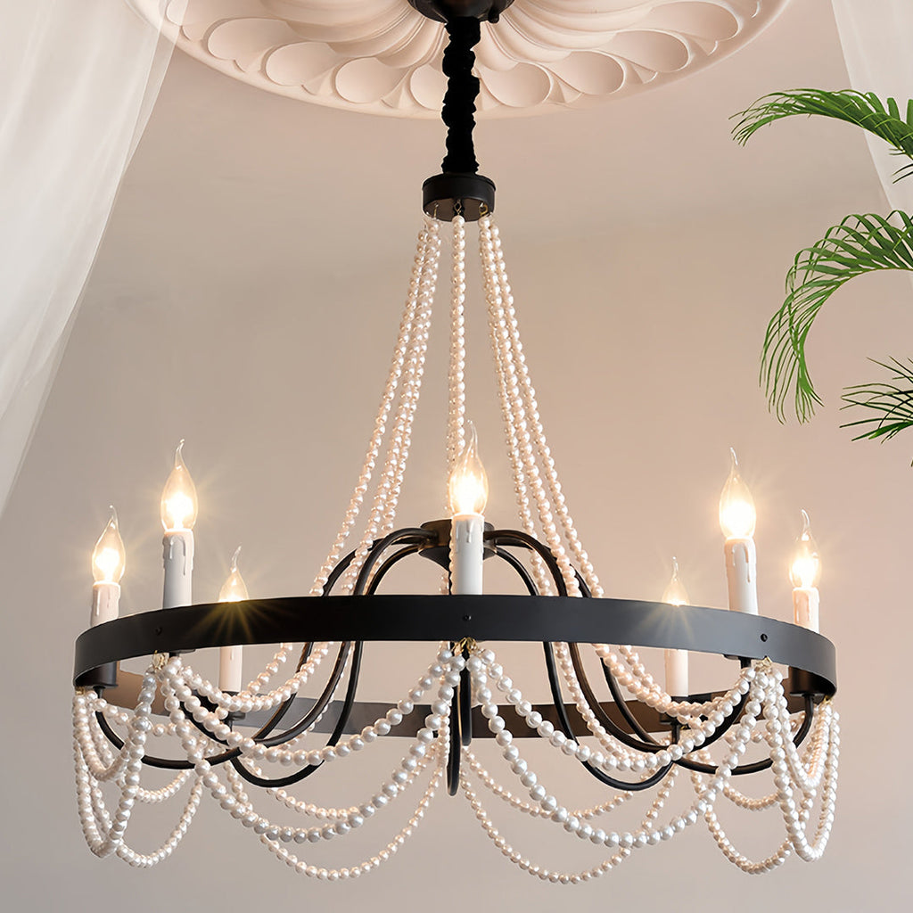 Vintage Wrought Iron Chandelier with Pearl Accents - French Artistic Ceiling Light