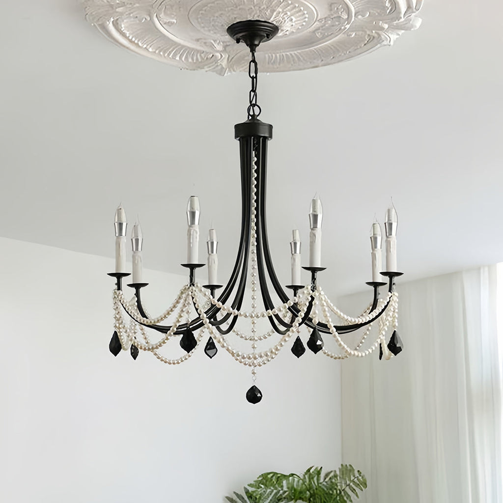 Pearl Chandelier Black Iron Crystal Ceiling Light