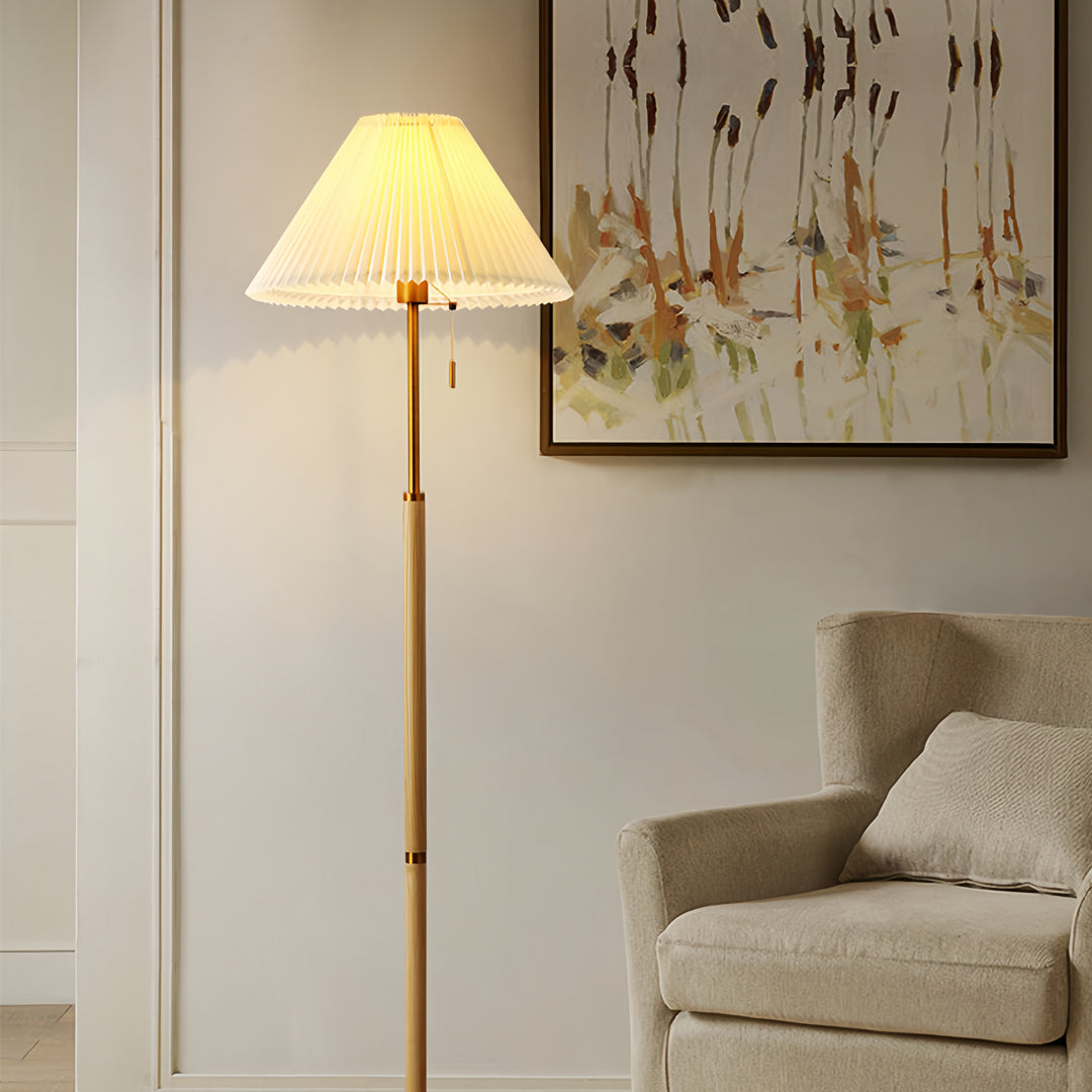 Floor Wood Lamp with Pleated Fabric Shade – Stylish Standing Lamp for Home Decor