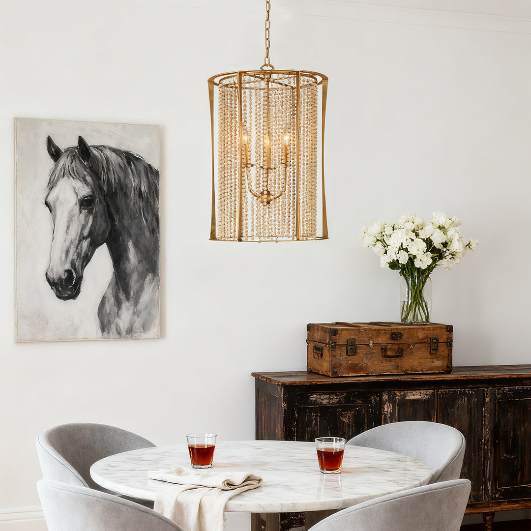 Wood Beaded Chandelier - Handcrafted Gold Ceiling Light, Elegant & Stylish Home Decor