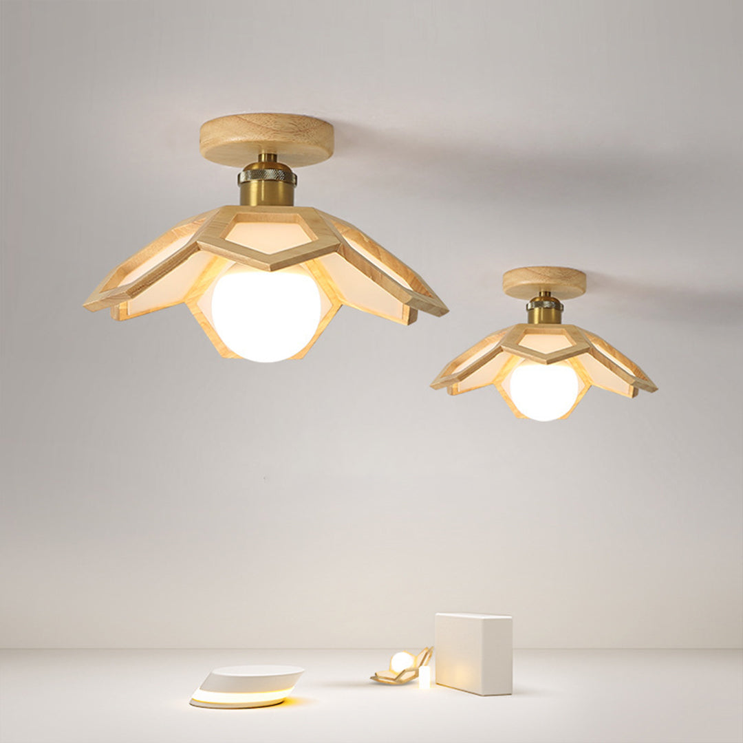Wood Semi Flush Mount Light - Modern Minimalist Lotus Design Ceiling Fixture