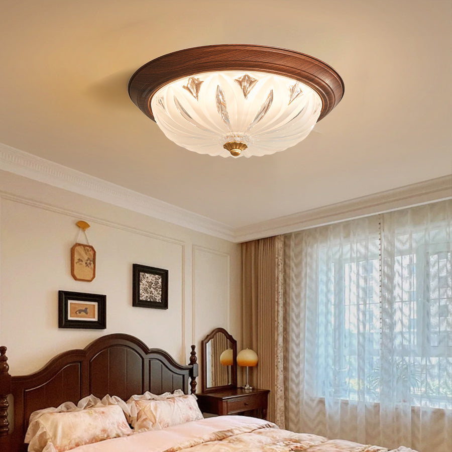 Retro Flush Mount Ceiling Light - American Walnut Glass Lamp