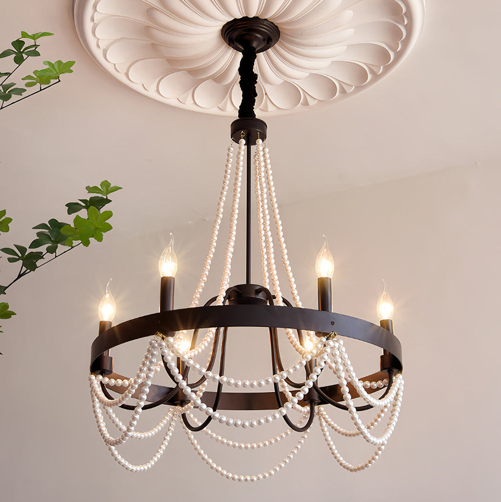Vintage Wrought Iron Chandelier with Pearl Accents - French Artistic Ceiling Light