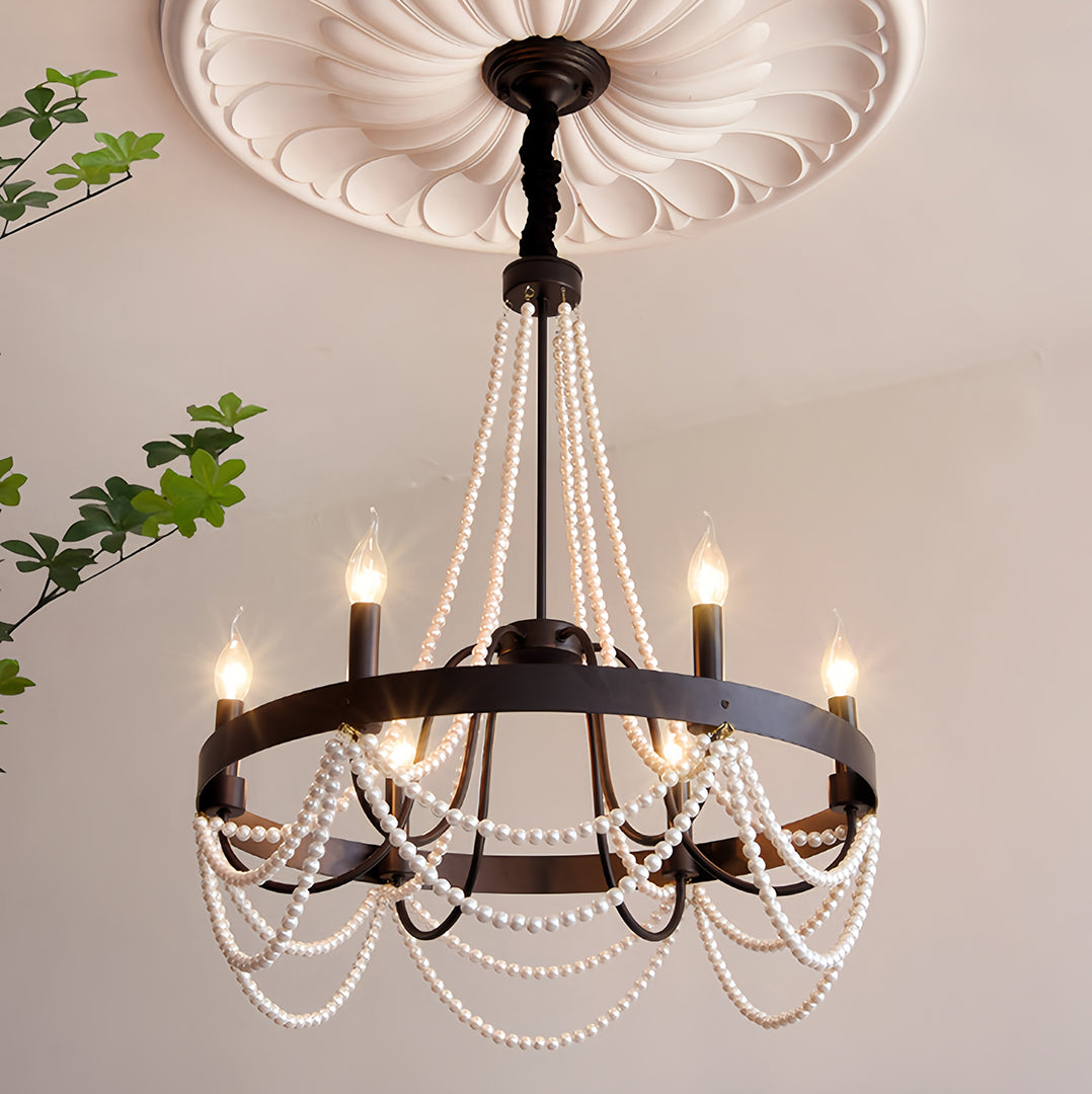 Vintage Wrought Iron Chandelier with Pearl Accents - French Artistic Ceiling Light
