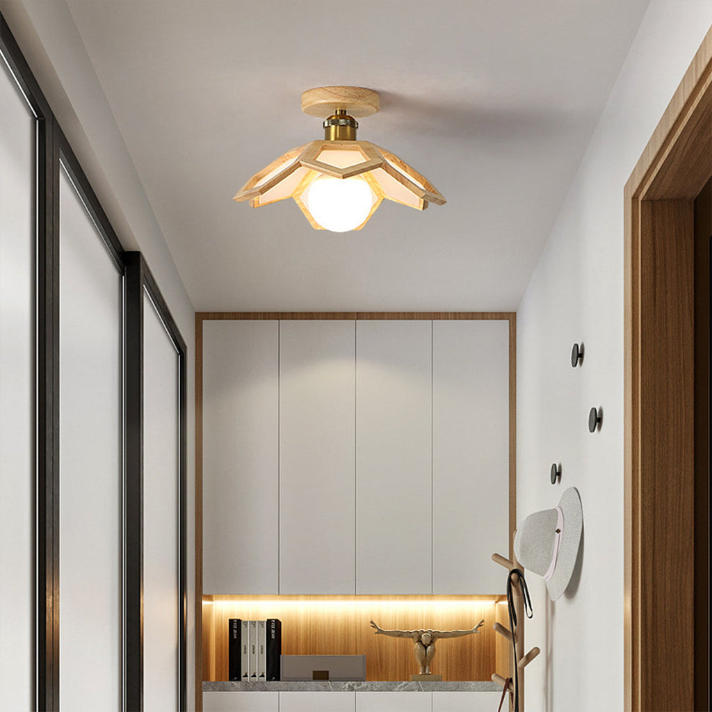 Wood Semi Flush Mount Light - Modern Minimalist Lotus Design Ceiling Fixture