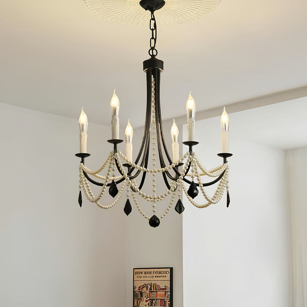 Pearl Chandelier Black Iron Crystal Ceiling Light