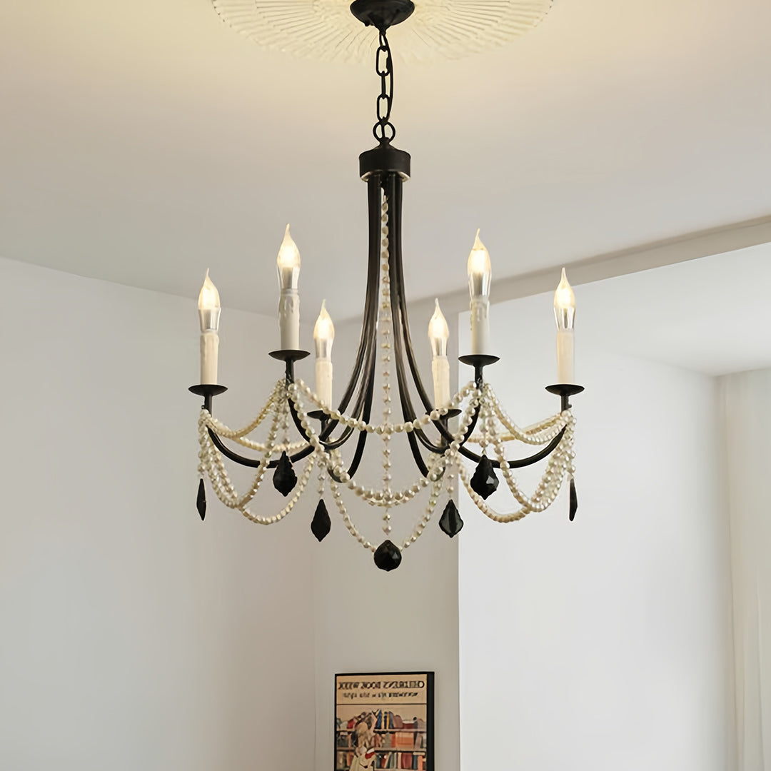 Pearl Chandelier Black Iron Crystal Ceiling Light