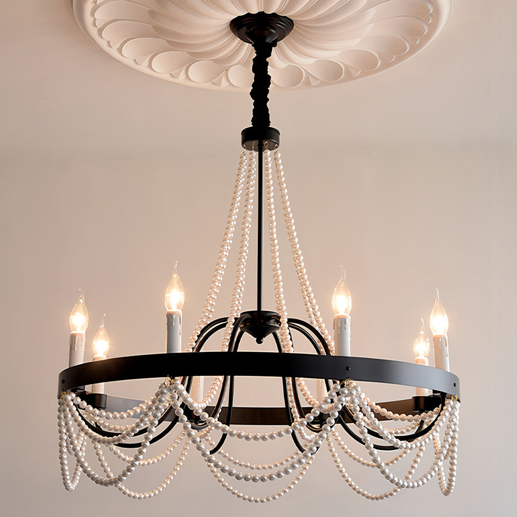 Vintage Wrought Iron Chandelier with Pearl Accents - French Artistic Ceiling Light