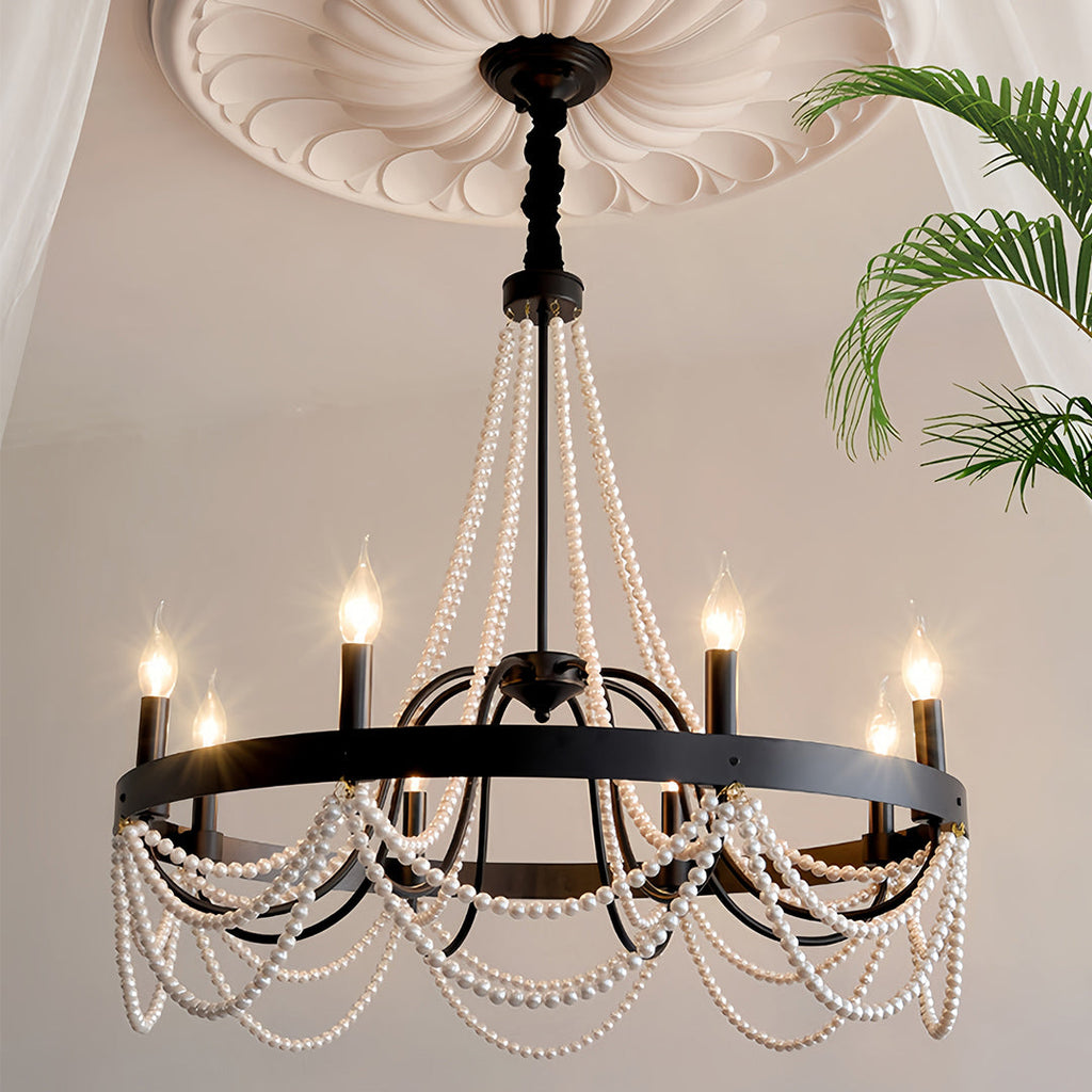 Vintage Wrought Iron Chandelier with Pearl Accents - French Artistic Ceiling Light