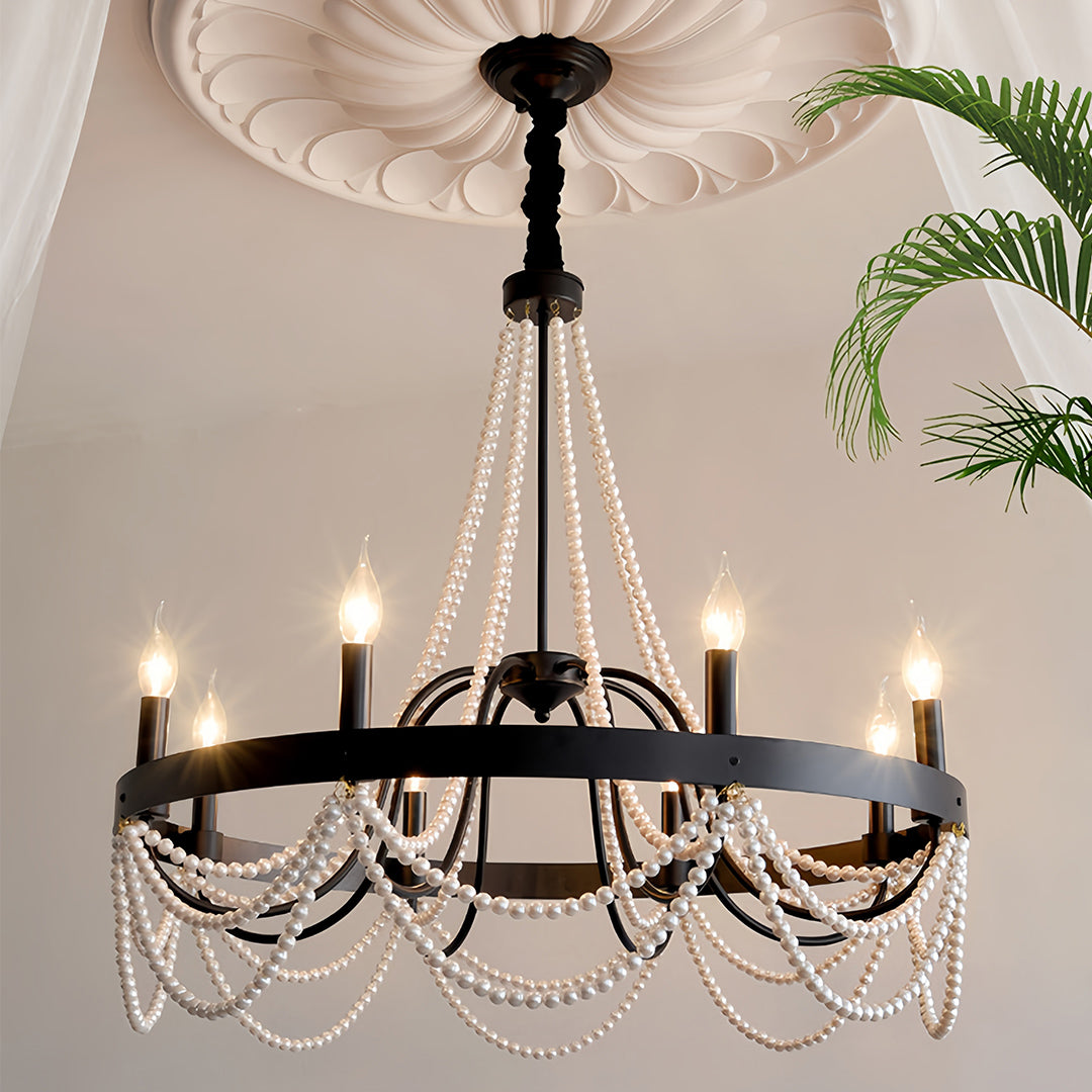 Vintage Wrought Iron Chandelier with Pearl Accents - French Artistic Ceiling Light