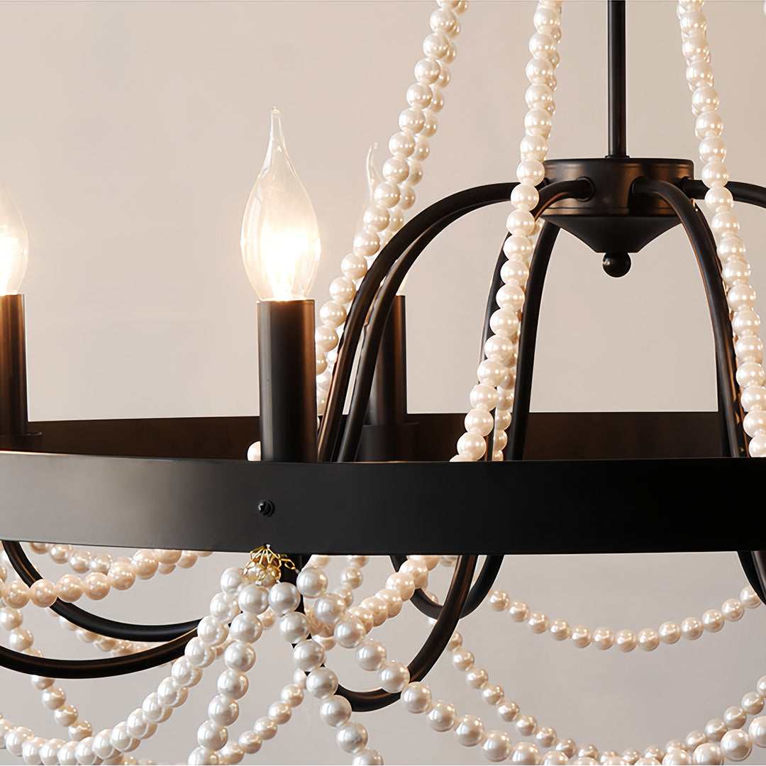 Vintage Wrought Iron Chandelier with Pearl Accents - French Artistic Ceiling Light