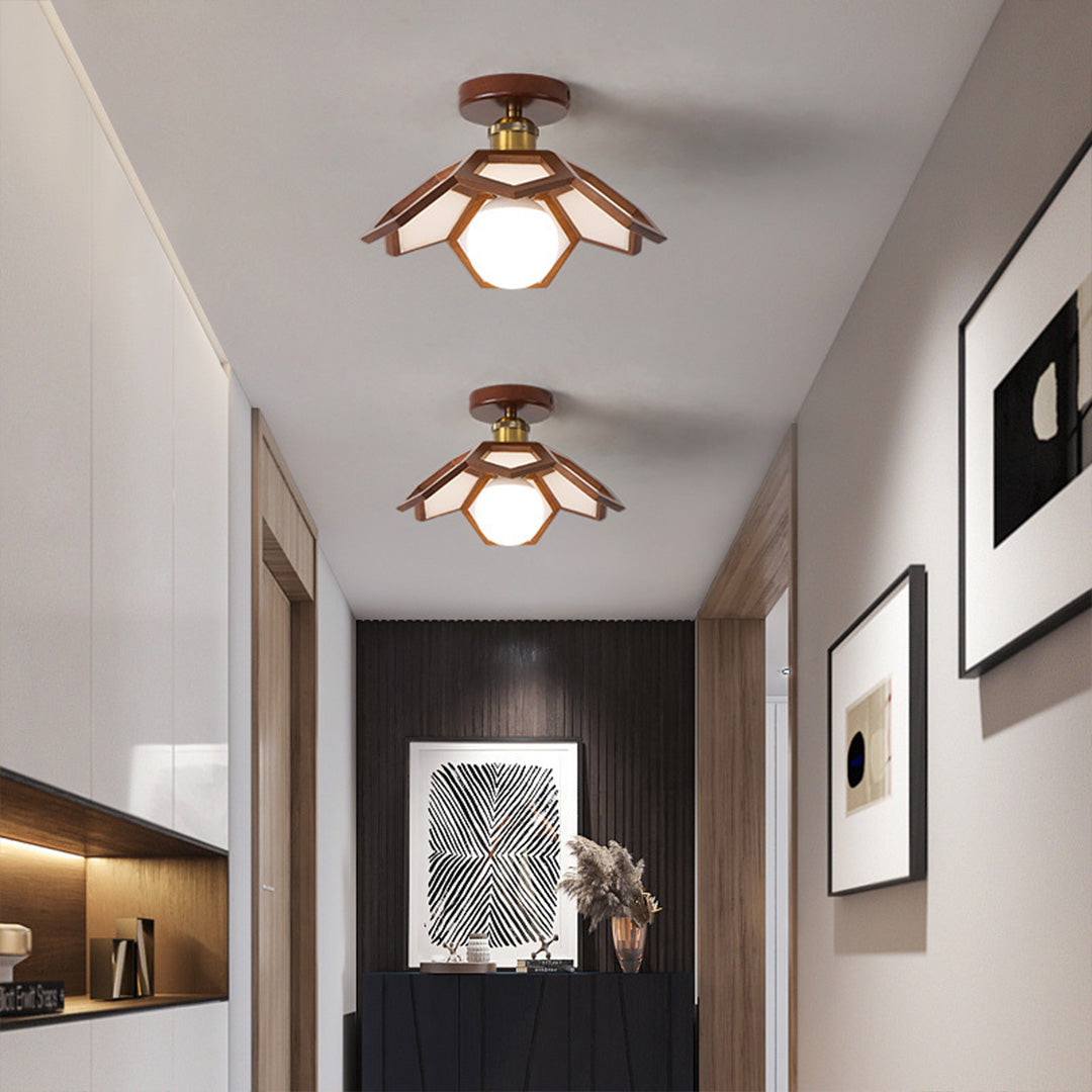 Wood Semi Flush Mount Light - Modern Minimalist Lotus Design Ceiling Fixture