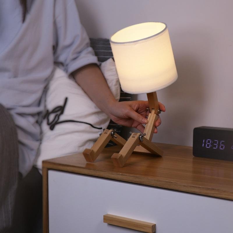 Adjustable LED Wooden Robot Table Lamp - Modern Reading Light for Home Decor