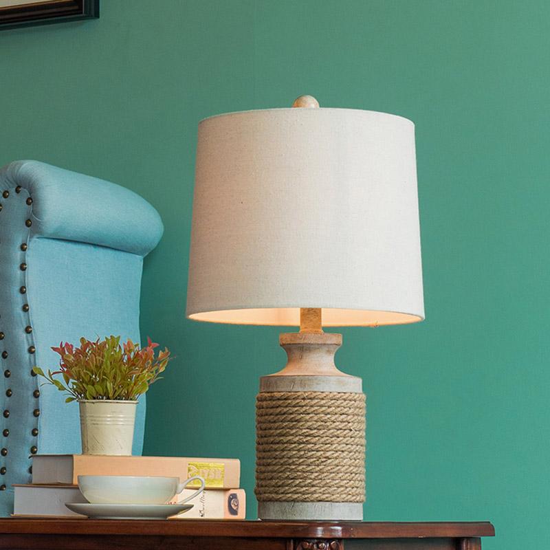 Rustic Oatmeal Fabric Shade Rope Stone Table Lamp - Farmhouse Lighting for Cozy Decor