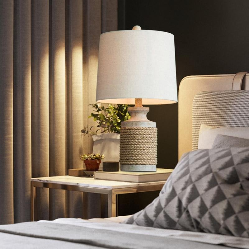 Rustic Oatmeal Fabric Shade Rope Stone Table Lamp - Farmhouse Lighting for Cozy Decor