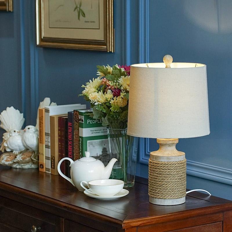 Rustic Oatmeal Fabric Shade Rope Stone Table Lamp - Farmhouse Lighting for Cozy Decor