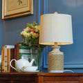 Rustic Oatmeal Fabric Shade Rope Stone Table Lamp - Farmhouse Lighting for Cozy Decor